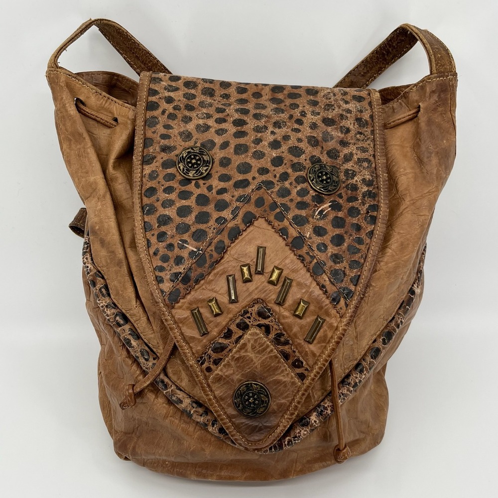 Vtg 90s Embossed Leather Slouchy Shoulder Bag Womens Leopard Print Studded Boho